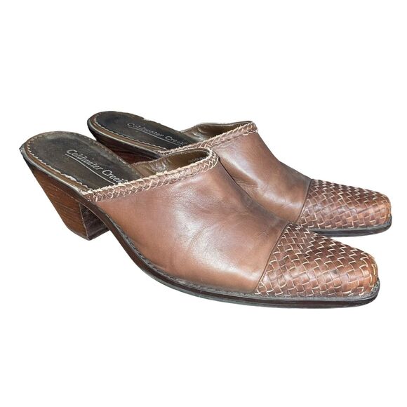 Coldwater Creek 10 Brown Leather Western Square Toe Mules Woven Detail - Picture 2 of 6